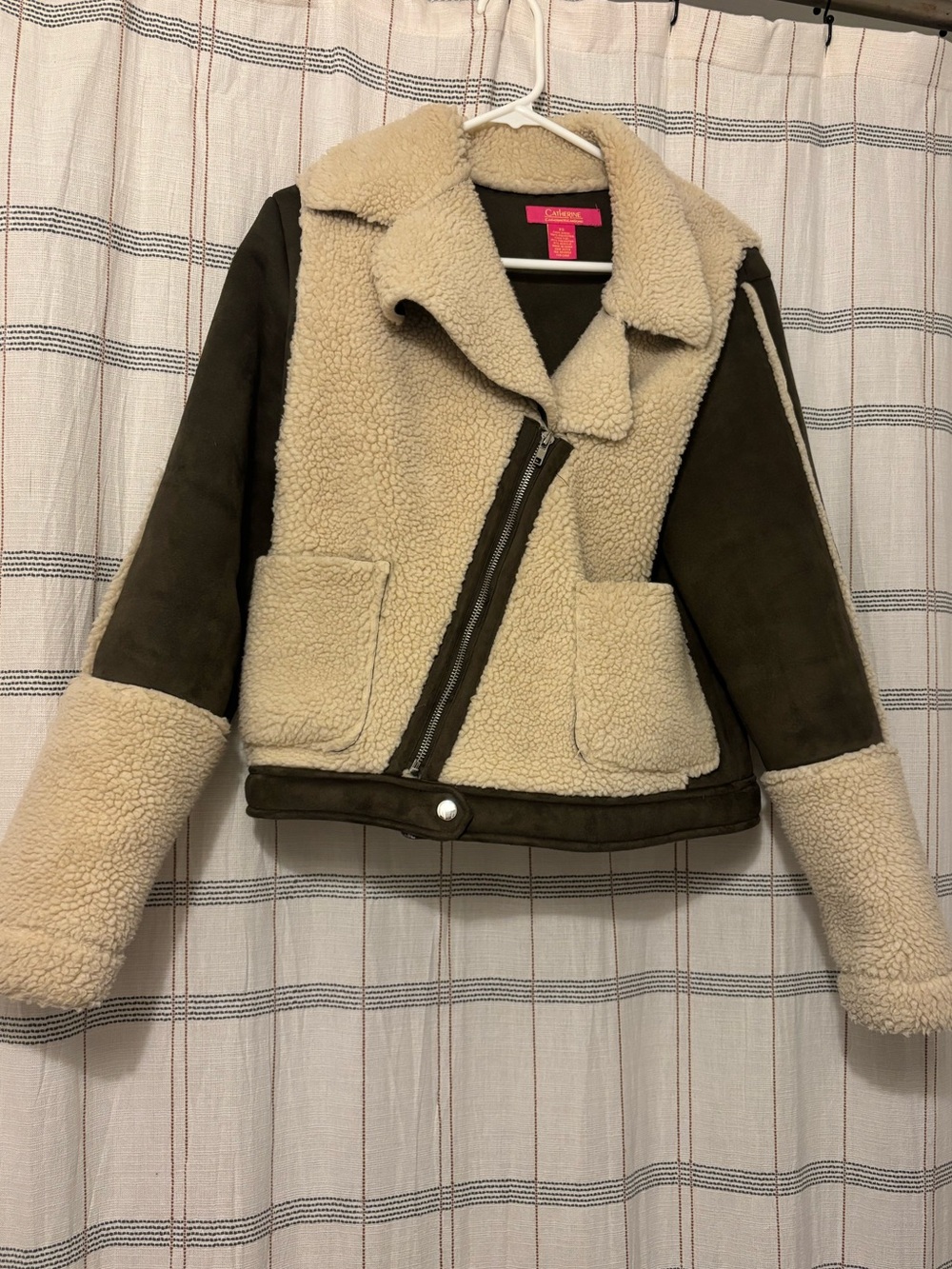 Faux Shearling Moto Jacket - Olive/Beige